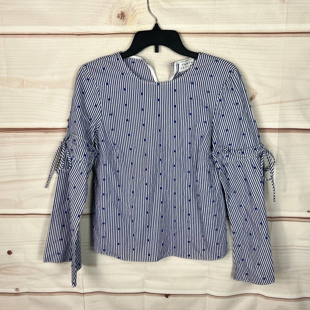 Tanya Taylor Top Womens 0 Blue Stripe Blouse Embroidered Dots Bell Sleeve Cotton